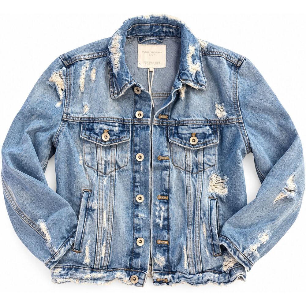 Zara Distressed Denim Jacket Women’s Blue Ripped Frayed Trucker Jean Jacket